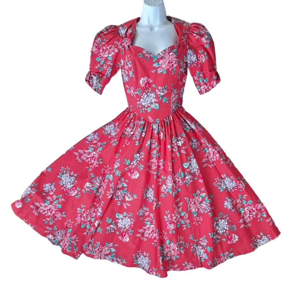 Vintage 80s LAURA ASHLEY Pink Floral Puff Sleeve Midi Dress fits XS Cottagecore - Picture 7 of 9